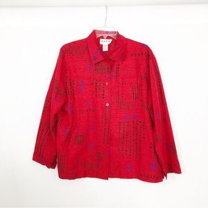 ELCC Silk Vintage Japanese Button Front Top, Size Large, Red